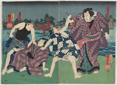 Schauspieler Arashi Kichisaburo III als Nuregami Chogoro (R) und Nakamura Fukusuke I als Yogoro (L) von Utagawa Kuniyoshi